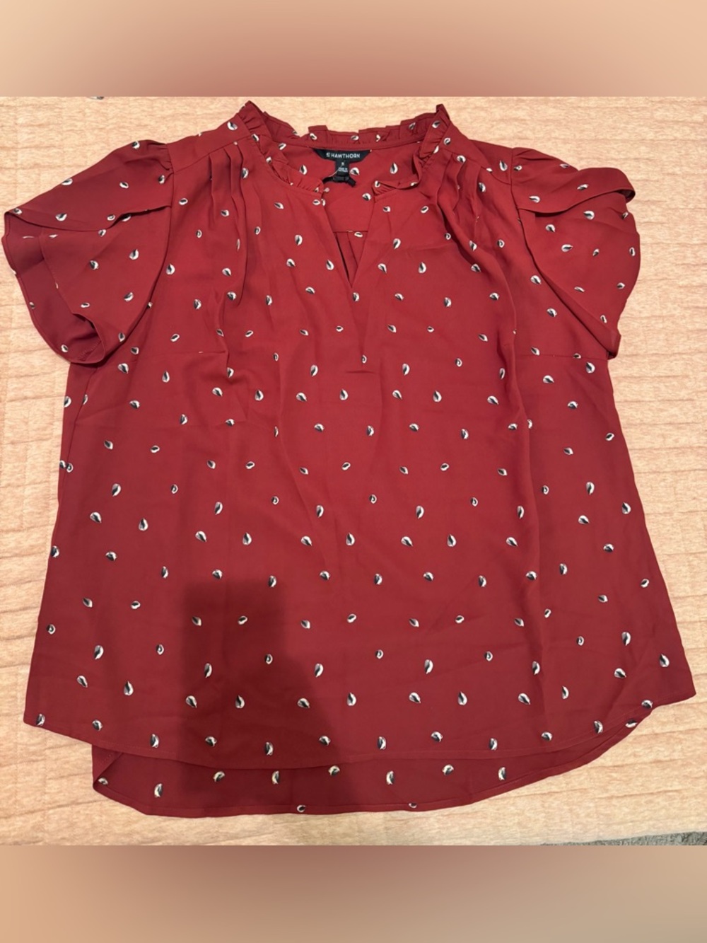 NWT 41 Hawthorn Dark Red/Brick Printed Ruffle Neck Blouse